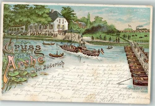 Büderich 1897 Lithographie Gasthaus Arche Raddampfer Schiffsbrücke