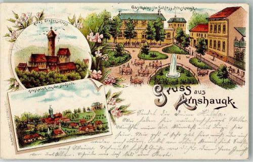 Arnshaugk 1898 Altes Grafenschloß Gasthaus zu Schloß Arnshaugk Park Springbrunnen