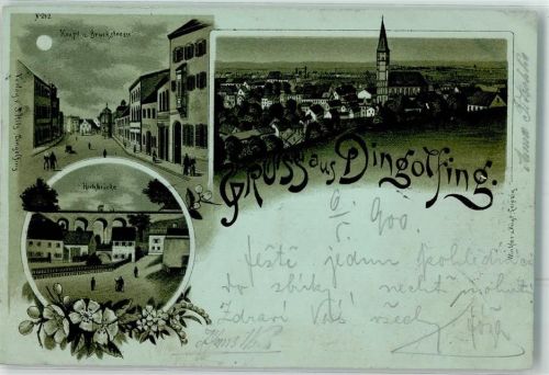 84130 W8312 Dingolfing Lithographie / Mondschein Hochbrücke Hauptstraße Burgstraße