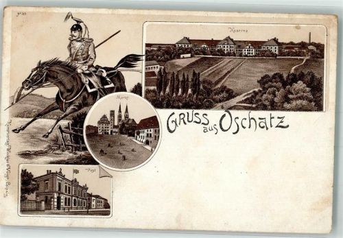 04758 O7260 Oschatz Lithographie Kaserne Markt Post Reiter Soldat Uniform Kavallerie Vorläufer