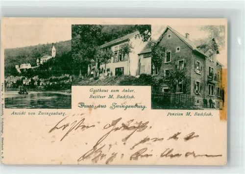 Zwingenberg 1904 Pension Backfisch Zwingenburg Gasthaus zum Anker Bahnpost Mannheim-Würzburg Zg. 338