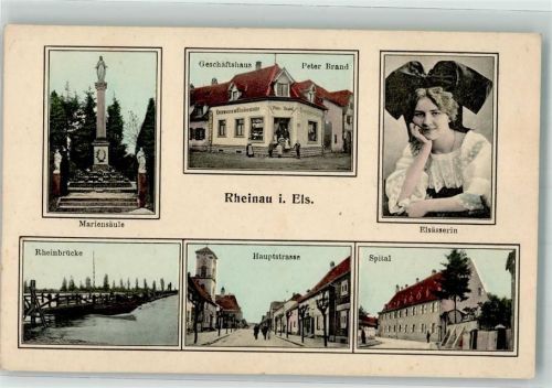 Rhinau Denkmal Mariensäule Tracht Elsässerin Geschäft Krankenhaus Rheinbrücke Hauptstrasse