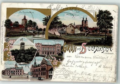 39615 O3550 Seehausen Altmark 1897 Lithographie Marktplatz Rathaus Gymnasium Am Beustertor