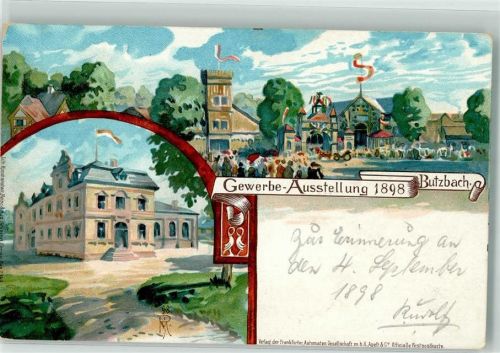 35510 W6308 Butzbach 1898 Lithographie Gewerbe-Ausstellung 1898 Gewerbehalle Wappen sign. PM