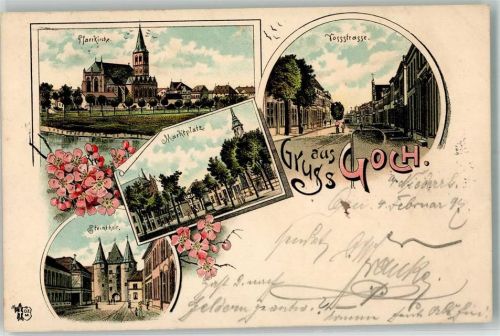 47574 W4180 Goch 1897 Lithographie Pfarrkirche Steinthor Marktplatz Vossstraße Bahnpost Köln-Kleve Zg. 240