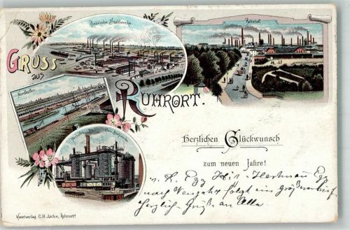 Ruhrort Lithographie Rheinische Stahlwerke Nordhafen Hochofen Bahnhof Neujahreskarte Stauchungen