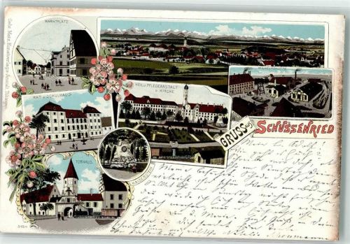 Bad Schussenried 1898 Plegeanstalt Torhaus Rat- und Schulhaus Marktplatz Lithographie