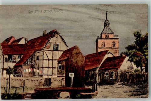 39606 O3540 Osterburg Altmark 1912 Künstlerkarte Alt Osterburg Dorfbrunnen Dorfkirche