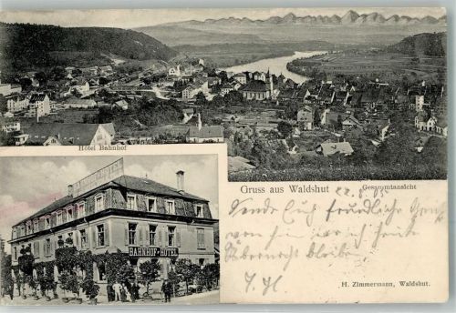 Waldshut 1905 Bahnhof-Hotel Rhein Bahnpost Singen -