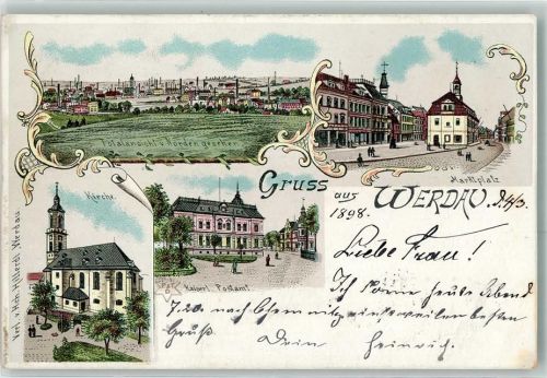 Werdau 1898 Marktplatz Kirche Kaiserliches Postamt Gruss Fabrik