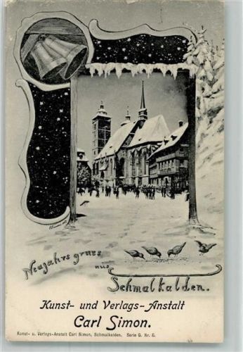 Schmalkalden 1905 Altmarkt Kirche St. Georg Glocken Singvögel Winter signiert Neujahreskarte