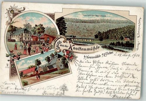 Greiz 1900 Lithographie Neumühle Gasthaus Knottenmühle