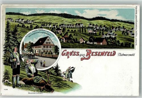 Besenfeld Lithographie Jagdgesellschaft Hirsch Aussteuergeschäft Kaufmann Kappler