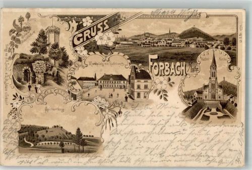 Forbach 1900 Burg Aussichtsturm Spicherberg Kath. Kirche Rathaus Marktplatz