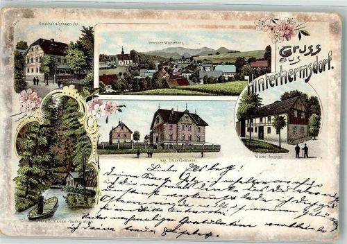 01855 O8361 Hinterhermsdorf 1900 Lithographie Gasthaus Zum Erbgericht Kgl. Oberförsterei Bade Anstalt Obere Schleuse Bootstation Großer Winterberg