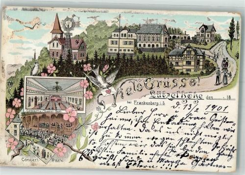 Frankenberg 1901 Lithographie Gasthaus Blick v.d. Lützelhöhe