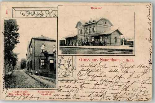 Neuenhaus 1907 Bahnhof Gasthaus Rand beschädigt II