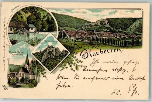 Blaubeuren 1896 Blautopf Klosterkirche m. Kapitelhaus Rusenschloss
