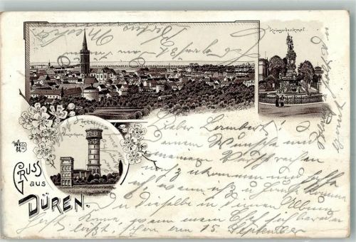 Düren 1901 Lithographie Kriegerdenkmal Wasserturm Verlag Ottmar Zieher-Münschen Stauchung
