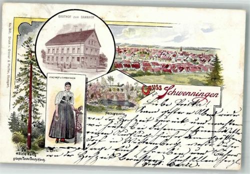 Schwenningen 1898 Lithographie Volkstracht Gasthaus zum Adler Hölzle-König Neckarquelle