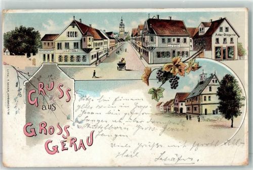 Groß-Gerau 1899 Adlrt Dtogerie Gasthaus zum Adler Weintrauben Litho Abschürfung vorne