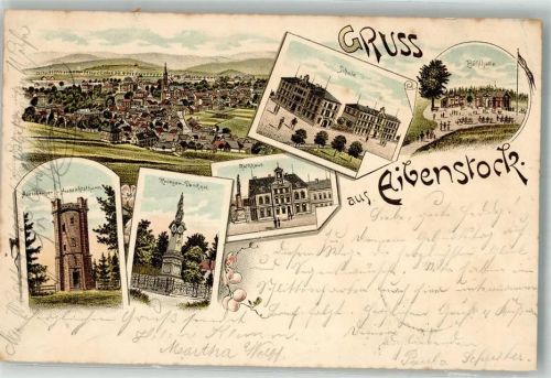 Eibenstock 1897 Aussichtsturm Kriegerdenkmal Schule Bühlhalle Rathaus