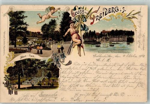 Freiberg 1901 Albert Park Engel Kreuzteich Schwanenschlösschen Ottmar Zieher Bahnpost Dresden - Reichenbach Vogtland Zug 1012