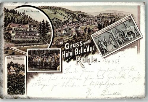 99842 O5906 Ruhla 1896 Lithographie Hotel Belle-Vue Emmitempel Dichterhain Relief