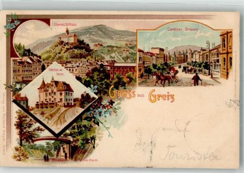 Greiz 1900 Odd-Fellow-Heim Carolinen-Straße Oberes Schloß Bahnpoststempel