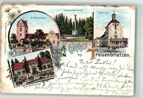 14929 O1702 Treuenbrietzen 1900 Lithographie St. Marienkirche Park-Gasthaus Rathaus Siegesdenkmal