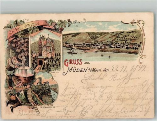 Müden 1899 Lithographie Burg Elz Ruine Bischofstein Mosel