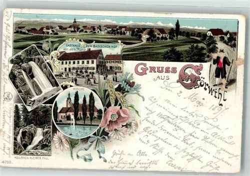 Görwihl 1897 Lithographie Höllbach-Fall Gasthaus zum Badischen Hof Schwanenteich Volkstracht