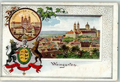 Weingarten 1901 Wappen Klosterkirche Kaserme sign. Perlberg