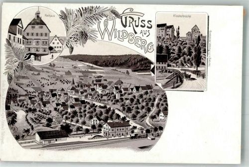 Wildberg Lithographie Rathaus Bahnhof Klosterbrücke Tannenzapfen
