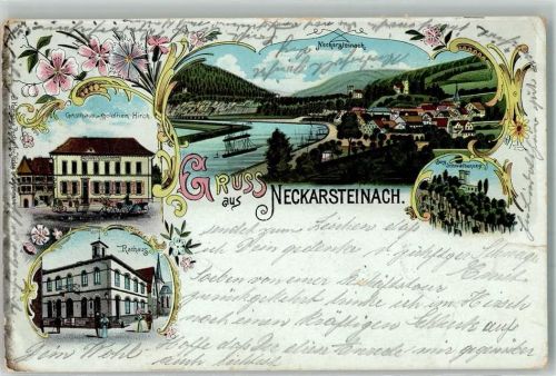 Neckarsteinach 1900 Lithographie Neckar Burg Schwalbennest Gasthaus zum goldenen Hirsch Rathaus