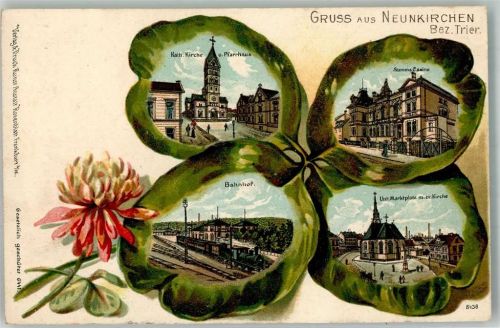 Neunkirchen 1902 Lithographie Kath. Kirche Stamms-Casino Bahnhof Unterer Marktplatz Bahnpost Mainz-Kirchheimbolanden Zug 432