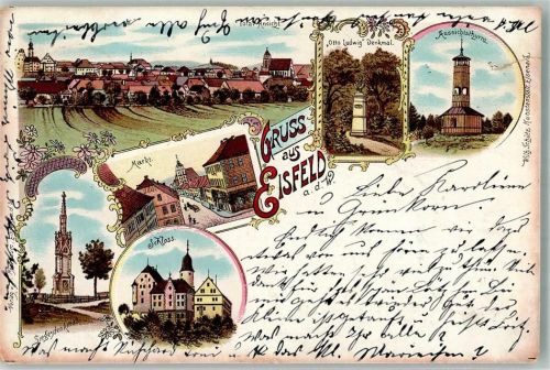 Eisfeld 1899 Lithographie "Otto Ludwig"-Denkmal Siegesdenkmal Schloß Markt Aussichtsturm Erh. II-Riss repariert