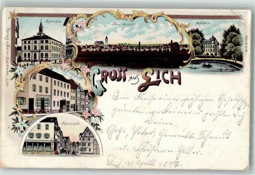 35423 W6302 Lich , Hess 1898 Gebrauchsspuren Lithographie Rathaus Ober- u. Unterstadt Schloss Erh. II Stauchung