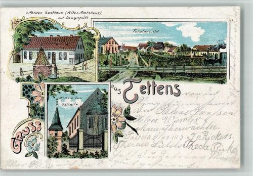 26434 W2942 Tettens , Jeverl 1903 BOAKC v. Felden Gasthaus Altes Amtshaus Loogspütt Kirche Lithographie