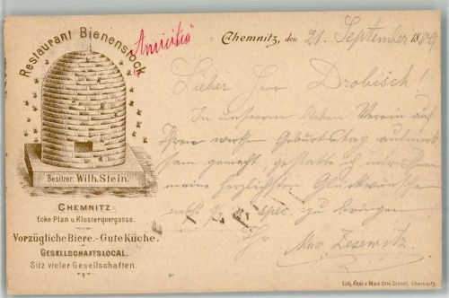 Chemnitz 1889 Gasthaus Bienenstock Wilh. Stein Bienen Lithographie