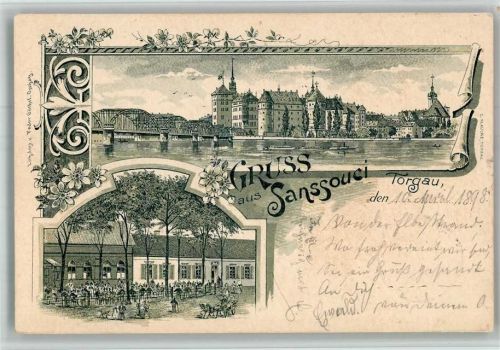 Torgau 1898 Vorläufer Druck um 1890 Gasthaus Sanssouci Gartenwirtschaft