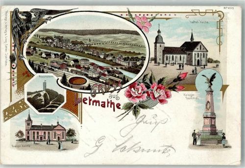 Letmathe 1902 Lithographie Aussichtsturm Ev. Kirche Kath. Kirche Bahnhof kl. Stauchung