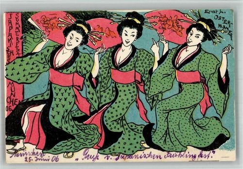 München 1906 Japan Sommerfest Tanz sign. Ernst Ostermann Lithographie