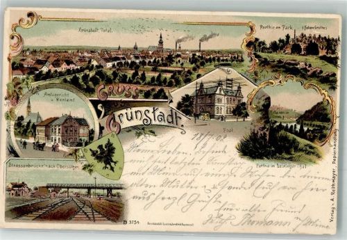 Grünstadt 1902 Stadtwappen Strassenbrücke Amtsgericht Rentamt Post Postkutsche