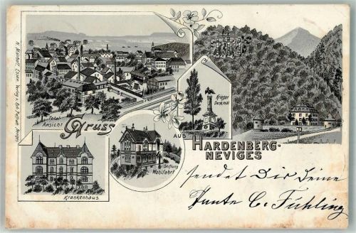 42549 W5620 Neviges 1899 Lithographie Hardenberg Krankenhaus Stiftung Wohlfahrt Kriegerdenkmal