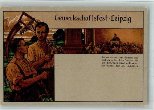 Leipzig 1905 Fest Vers von Schiller + Bauern mit Sense und Harke Lithographie