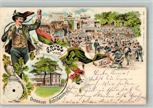 Dessau Lithographie Dessauer Schützenfest Schütze Schützenhaus Festgelände Schaustellerbuden Trinkhorn Schiessscheibe