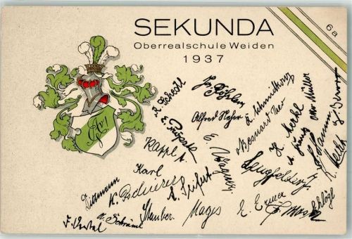 Weiden 1937 Studentika Pennälerwappen Sekunda Oberrealschule Weiden 1937