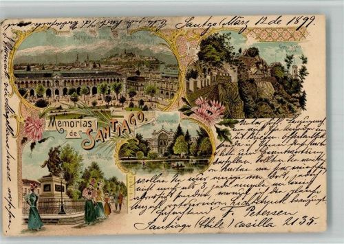 Santiago 1899 Denkmal Plaza de Armas Lithographie