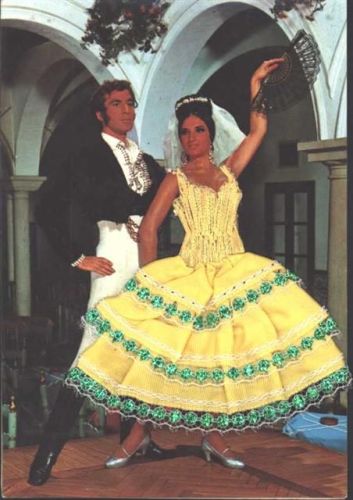 Flamenco, Kleidapplikation aus Stoff montiert auf AK, Glitzer